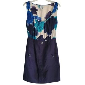 Anthropologie Tabitha Dress Women 10 Blue Floral Silk Bodice Cotton Skirt Pocket
